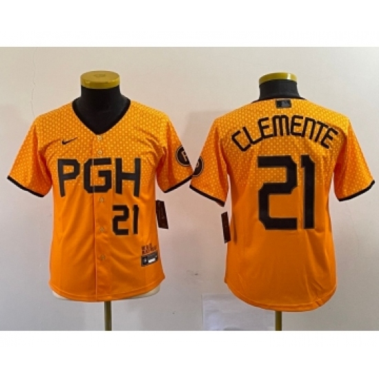 Youth Nike Pittsburgh Pirates #21 Roberto Clemente Number Yellow 2023 City Connect Stitched Jersey2 - Ujersey