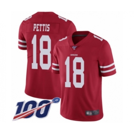 Men's San Francisco 49ers #18 Dante Pettis Red Team Color Vapor Untouchable Limited Player 100th Season Football Jersey - Ujersey