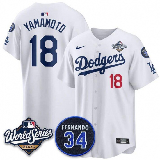 Men's Los Angeles Dodgers #18 Yoshinobu Yamamoto White 2025 World Series With No. 34 Limited Stitched Jersey - Ujersey