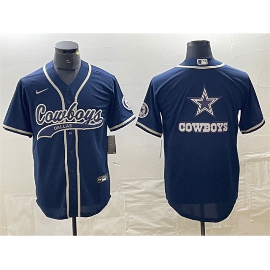 Men's Dallas Cowboys Navy Team Big Logo With Cool Base Stitched Baseball Jersey - Ujersey