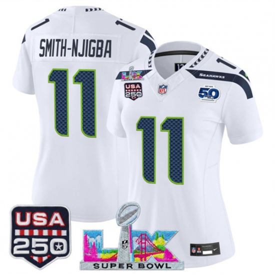 Women's Seattle Seahawks #11 Jaxon Smith-Njigba White 2025 F.U.S.E. Super Bowl LX And 50th Season & USA 250 Vapor Limited Football Stitched Jersey - Ujersey