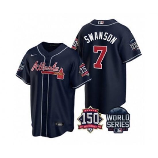 Men's Atlanta Braves #7 Dansby Swanson 2021 Navy World Series With 150th Anniversary Patch Cool Base Baseball Jersey - Ujersey