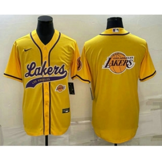 Men's Los Angeles Lakers Yellow Team Big Logo With Cool Base Stitched Baseball Jersey - Ujersey