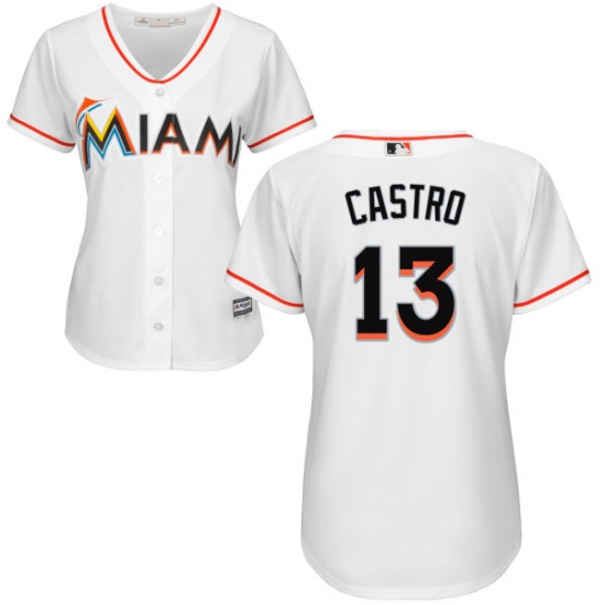Women's Majestic Miami Marlins #13 Starlin Castro Authentic White Home Cool Base MLB Jersey - Ujersey