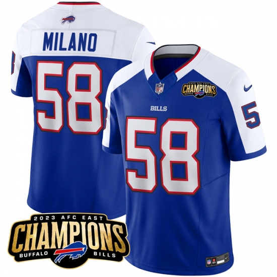 Men's Buffalo Bills #58 Matt Milano Blue White 2023 F.U.S.E. AFC East Champions With 4-star C Football Stitched Jersey - Ujersey