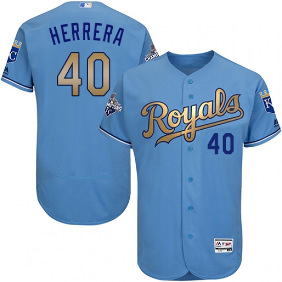 Men's Majestic Kansas City Royals #40 Kelvin Herrera Authentic Light Blue 2015 World Series Champions Gold Program FlexBase MLB Jersey - Ujersey