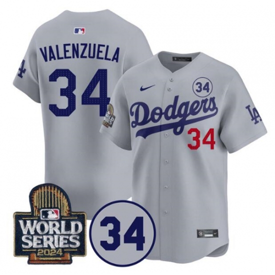 Men's Los Angeles Dodgers #34 Toro Valenzuela Gray 2024 World Series With No. 34 Limited Stitched Baseball Jersey - Ujersey