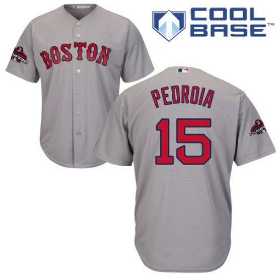Youth Majestic Boston Red Sox #15 Dustin Pedroia Authentic Grey Road Cool Base 2018 World Series Champions MLB Jersey - Ujersey