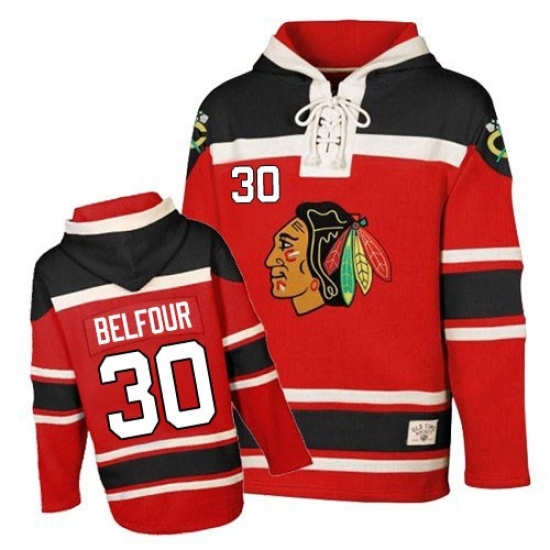 Men's Old Time Hockey Chicago Blackhawks #30 ED Belfour Premier Red Sawyer Hooded Sweatshirt NHL Jersey - Ujersey