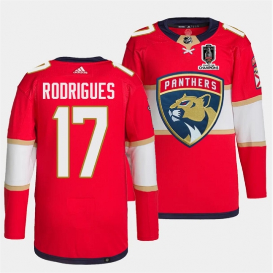 Men's Florida Panthers #17 Evan Rodrigues Red Home 2024 Stanley Cup Champions Stitched Jersey - Ujersey
