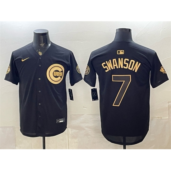 Men's Chicago Cubs #7 Dansby Swanson Black Gold 150th Anniversary Stitched Baseball Jersey - Ujersey