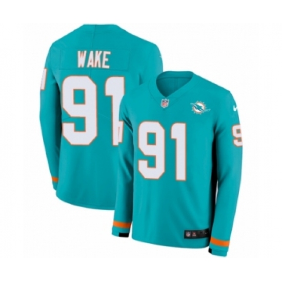 Men's Nike Miami Dolphins #91 Cameron Wake Limited Aqua Therma Long Sleeve NFL Jersey - Ujersey