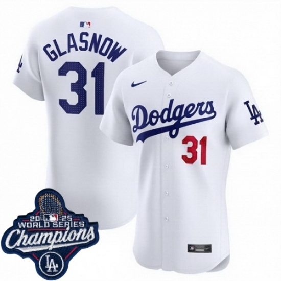 Men's Los Angeles Dodgers 31 Tyler Glasnow Cool Base 2025 World Champions Stitched Baseball Jersey White