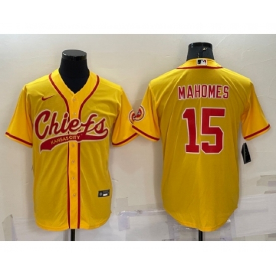Men's Kansas City Chiefs #15 Patrick Mahomes Gold With Patch Cool Base Stitched Baseball Jersey - Ujersey