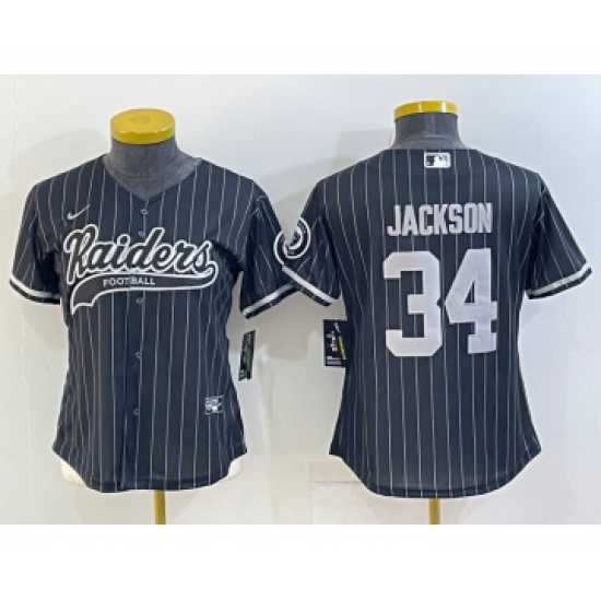 Women's Las Vegas Raiders #34 Bo Jackson Black Team Big Logo With Patch Cool Base Stitched Baseball Jersey