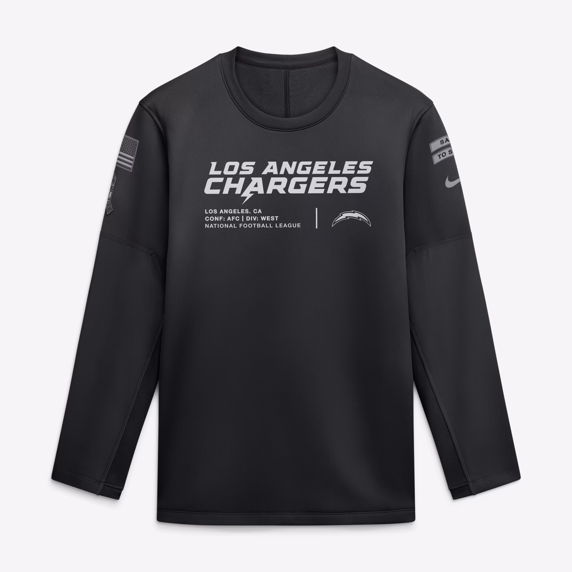 Men's Los Angeles Chargers  Nike Black 2026 Salute to Service Sideline Coaches Crewneck Therma-FIT Sweatshirt - Ujersey