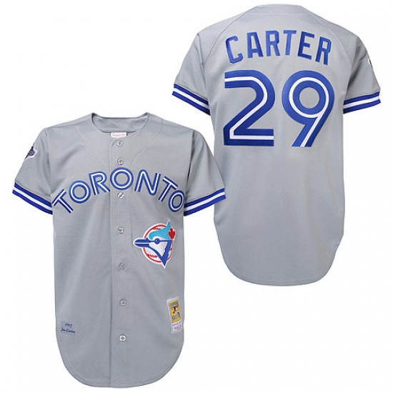 Men's Mitchell and Ness Toronto Blue Jays #29 Joe Carter Authentic Grey Throwback MLB Jersey - Ujersey