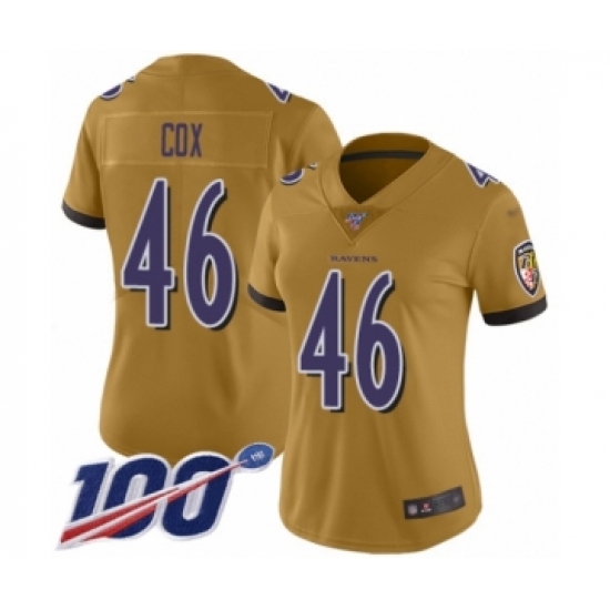 Women's Baltimore Ravens #46 Morgan Cox Limited Gold Inverted Legend 100th Season Football Jersey - Ujersey
