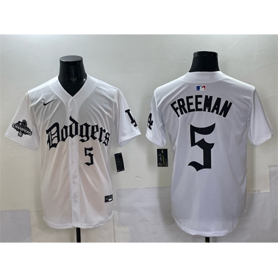 Men's Los Angeles Dodgers #5 Freddie Freeman White 2025 LA Gothic Style With 2024 World Series Champions Vapor Premier Limited Stitched Baseball Jersey - Ujersey