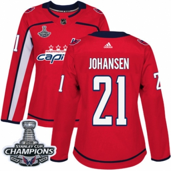 Women's Adidas Washington Capitals #21 Lucas Johansen Authentic Red Home 2018 Stanley Cup Final Champions NHL Jersey - Ujersey