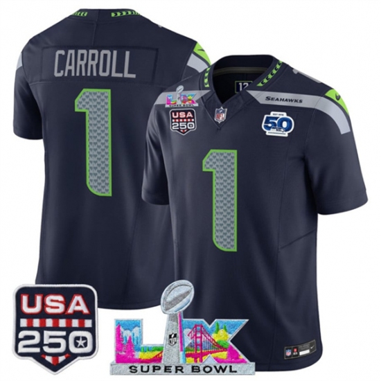 Men's Seattle Seahawks #1 Pete Carroll Navy 2025 F.U.S.E. Super Bowl LX And 50th Season & USA 250 Vapor Limited Football Stitched Jersey - Ujersey