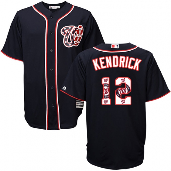 Men's Majestic Washington Nationals #12 Howie Kendrick Authentic Navy Blue Team Logo Fashion Cool Base MLB Jersey - Ujersey