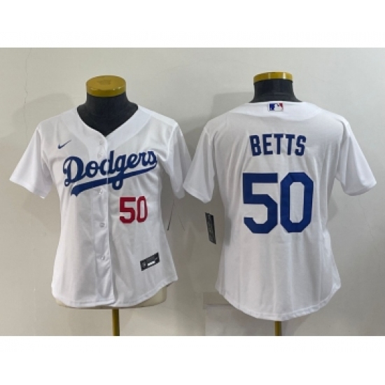 Women's Los Angeles Dodgers #50 Mookie Betts White With Red Stitched MLB Cool Base Nike Jersey - Ujersey