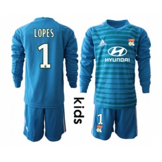 Lyon #1 Lopes Blue Goalkeeper Long Sleeves Kid Soccer Club Jersey