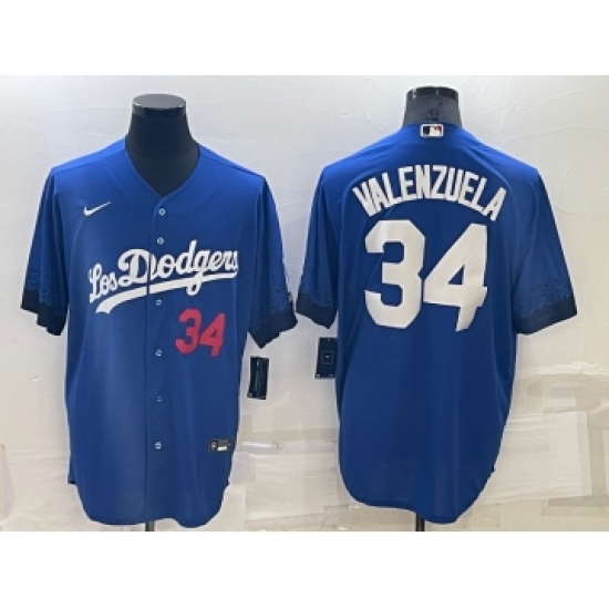 Men's Los Angeles Dodgers #34 Fernando Valenzuela Number Blue 2021 City Connect Cool Base Stitched Jersey - Ujersey