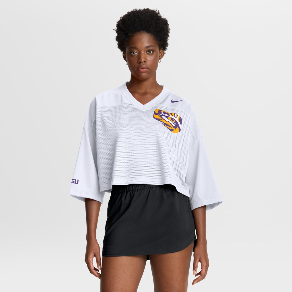 Women's Nike White LSU Tigers Cropped Mesh Dri-FIT Fashion Jersey - ujerseystore