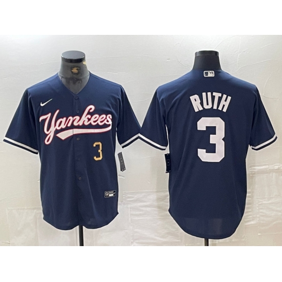 Men's New York Yankees #3 Babe Ruth Number Navy Cool Base Stitched Baseball Jersey - Ujersey