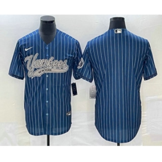 Men's New York Yankees Big Logo Navy Blue Pinstripe Cool Base Stitched Baseball Jersey - Ujersey