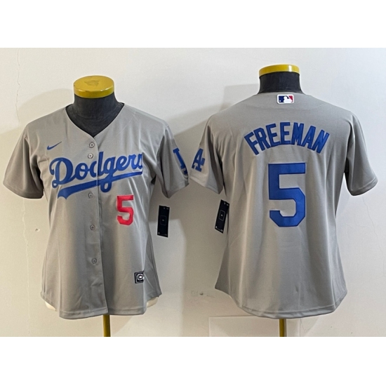 Women's Los Angeles Dodgers #5 Freddie Freeman Number Grey Cool Base Stitched Nike Jersey - Ujersey