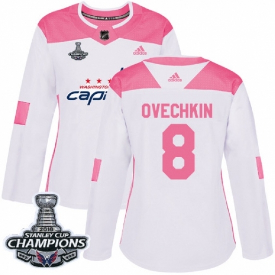 Women's Adidas Washington Capitals #8 Alex Ovechkin Authentic White Pink Fashion 2018 Stanley Cup Final Champions NHL Jersey - Ujersey