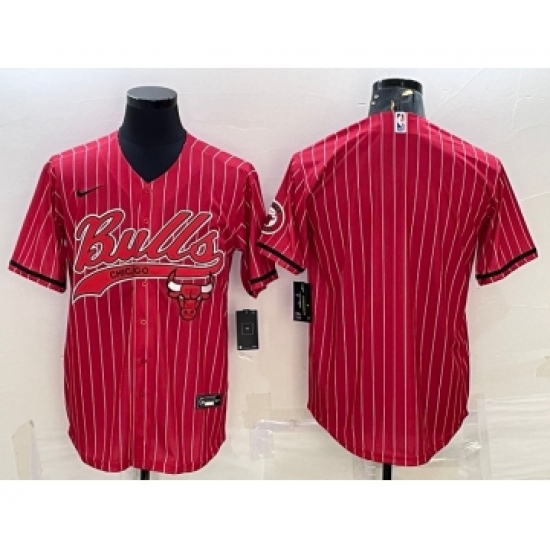 Men's Chicago Bulls Blank Red Pinstripe With Patch Cool Base Stitched Baseball Jersey - Ujersey