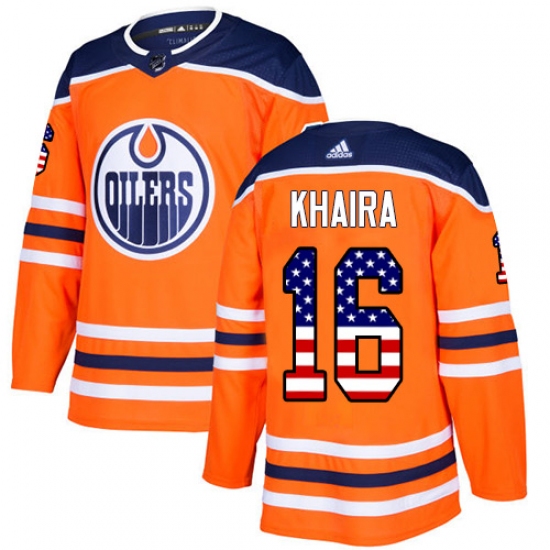 Men's Adidas Edmonton Oilers #16 Jujhar Khaira Authentic Orange USA Flag Fashion NHL Jersey - Ujersey