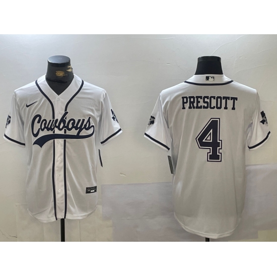 Men's Dallas Cowboys #4 Dak Prescott White With Navy Name Cool Base Stitched Baseball Jersey - Ujersey
