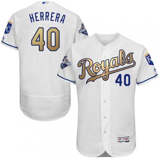 Men's Majestic Kansas City Royals #40 Kelvin Herrera Authentic White 2015 World Series Champions Gold Program FlexBase MLB Jersey - Ujersey