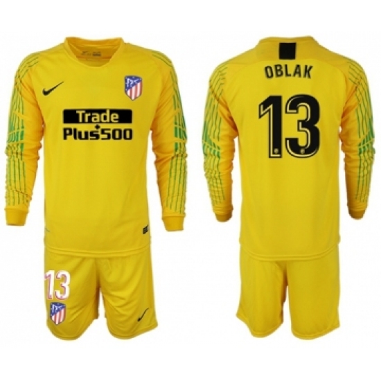 Atletico Madrid #13 Oblak Yellow Goalkeeper Long Sleeves Soccer Club Jersey