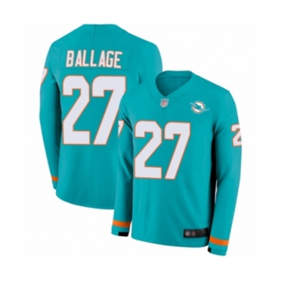 Youth Miami Dolphins #27 Kalen Ballage Limited Aqua Therma Long Sleeve Football Jersey - Ujersey