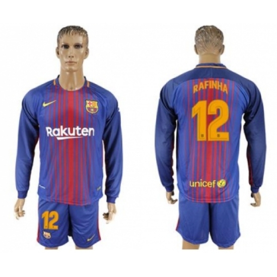 Barcelona #12 Rafinha Home Long Sleeves Soccer Club Jersey