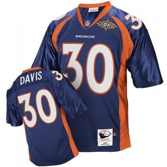 Mitchell And Ness Denver Broncos #30 Terrell Davis Navy Blue Super Bowl Patch Authentic Throwback NFL Jersey - Ujersey