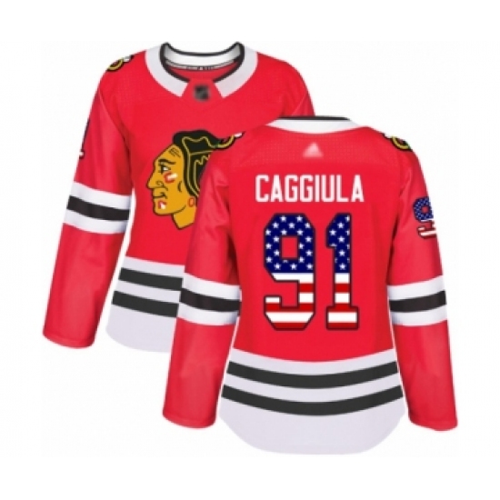 Women's Chicago Blackhawks #91 Drake Caggiula Authentic Red USA Flag Fashion Hockey Jersey - Ujersey