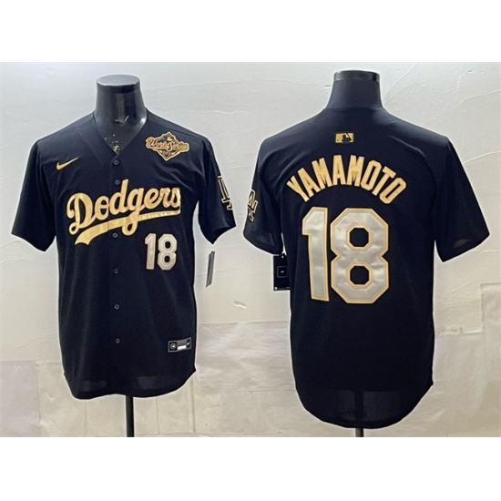 Men's Los Angeles Dodgers #18 Yoshinobu Yamamoto Black Gold 2025 World Series Limited Stitched Baseball Jersey - Ujersey