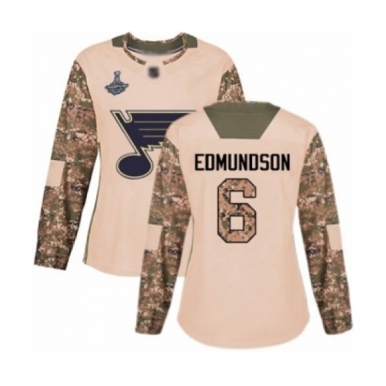 Women's St. Louis Blues #6 Joel Edmundson Authentic Camo Veterans Day Practice 2019 Stanley Cup Champions Hockey Jersey - Ujersey