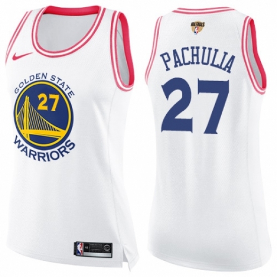 Women's Nike Golden State Warriors #27 Zaza Pachulia Swingman White/Pink Fashion 2018 NBA Finals Bound NBA Jersey