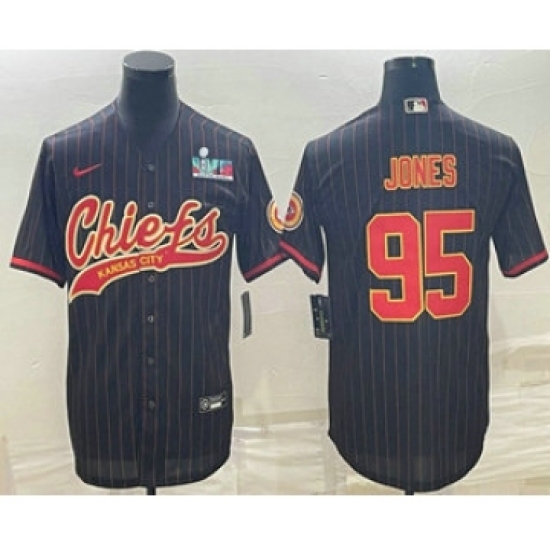 Men's Kansas City Chiefs #95 Chris Jones Black Pinstripe With Super Bowl LVII Patch Cool Base Stitched Baseball Jersey - Ujersey
