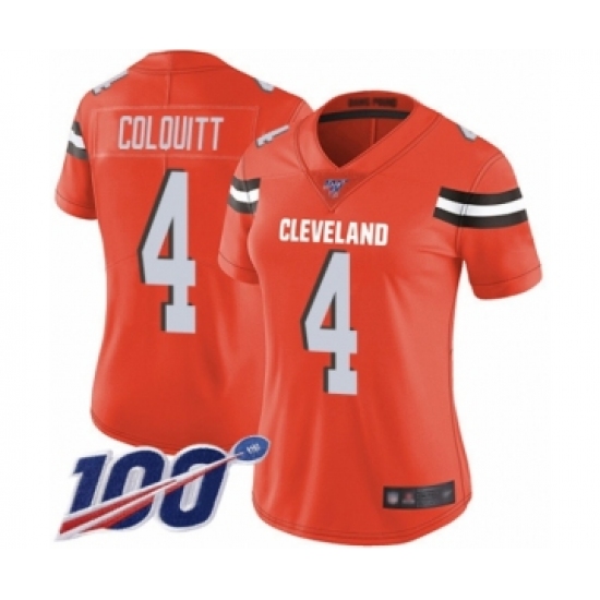 Women's Cleveland Browns #4 Britton Colquitt Orange Alternate Vapor Untouchable Limited Player 100th Season Football Jersey - Ujersey