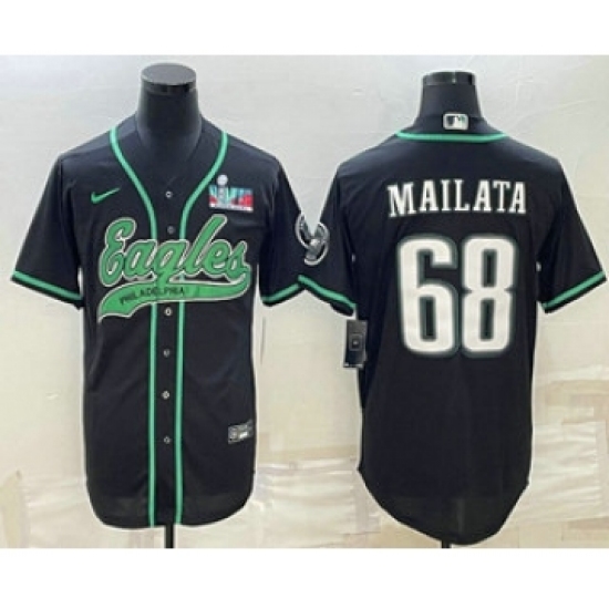 Men's Philadelphia Eagles #68 Jordan Mailata Black With Super Bowl LVII Patch Cool Base Stitched Baseball Jersey - Ujersey