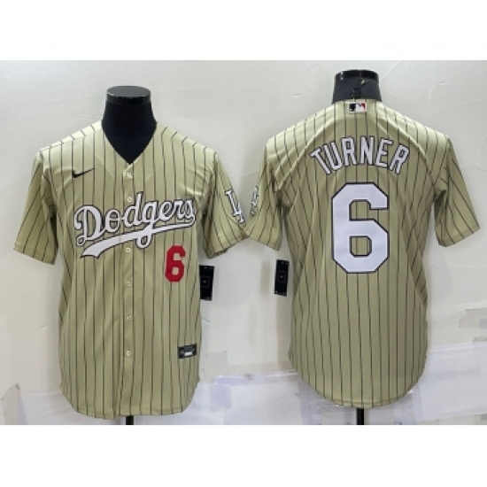 Men's Los Angeles Dodgers #6 Trea Turner Number Cream Pinstripe Stitched MLB Cool Base Nike Jersey - Ujersey